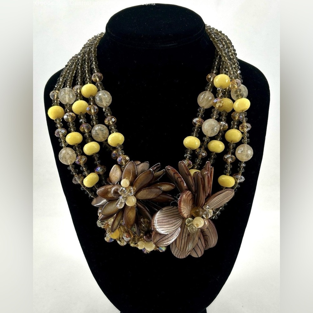 Artisan shell flower & glass bead statement necklace with Sterling Silver clasp